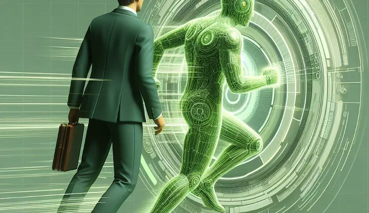 Man wearing green suit holding suitcase is crossing a portrait door.