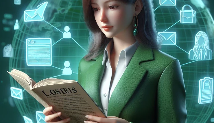 young lady reading book wearing green suit