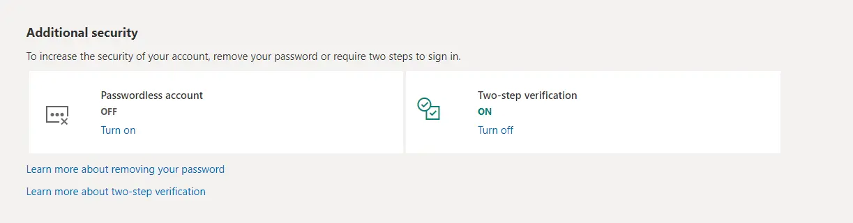 Outlook security page two step verification section