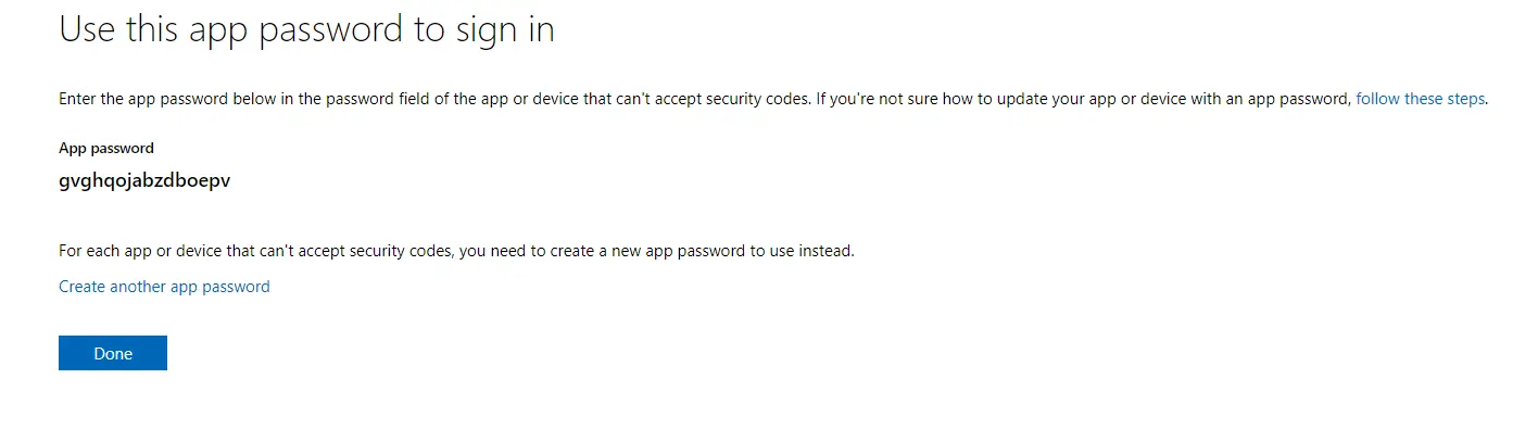 App password generated page