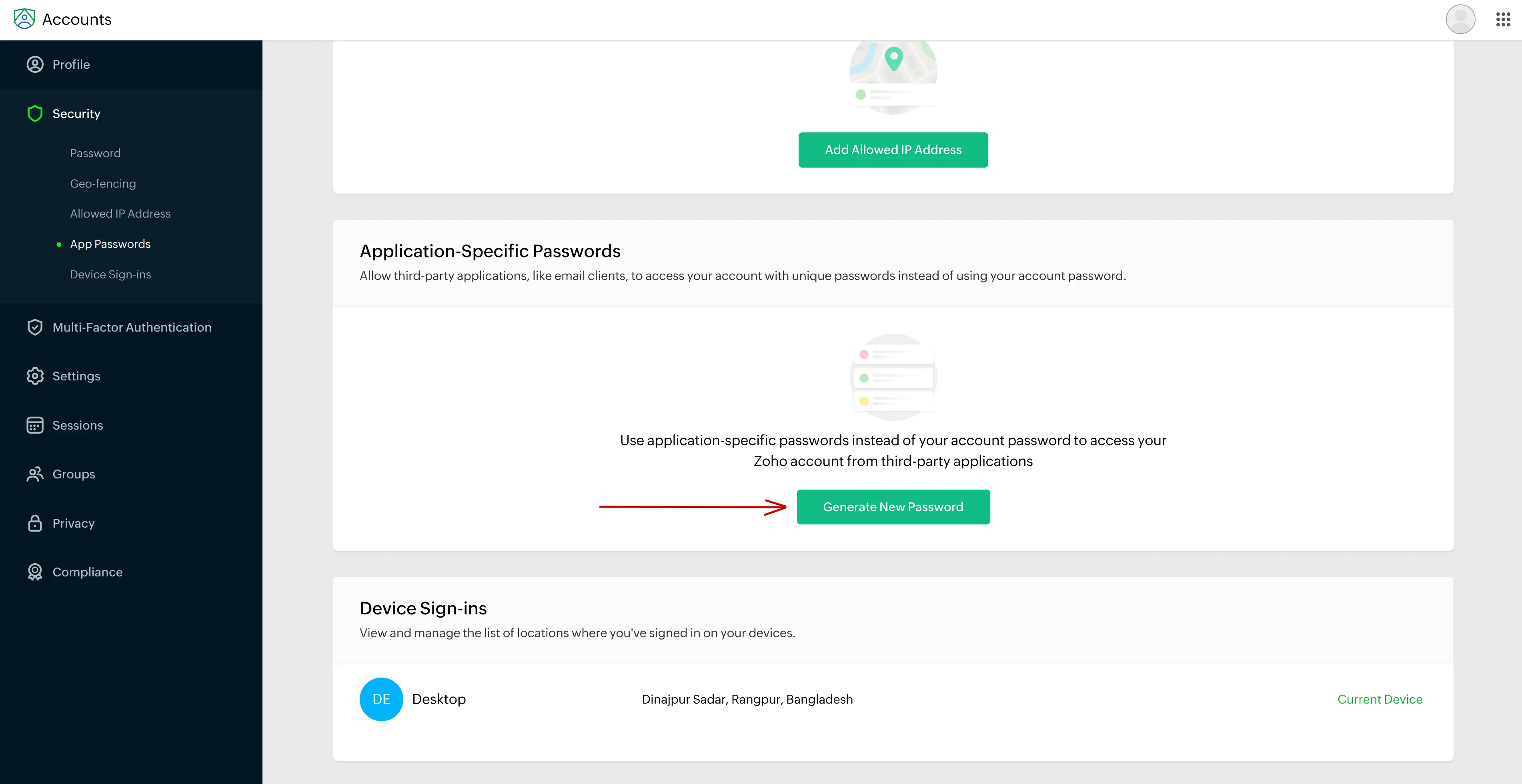 zohomail application specific password section for creating app password