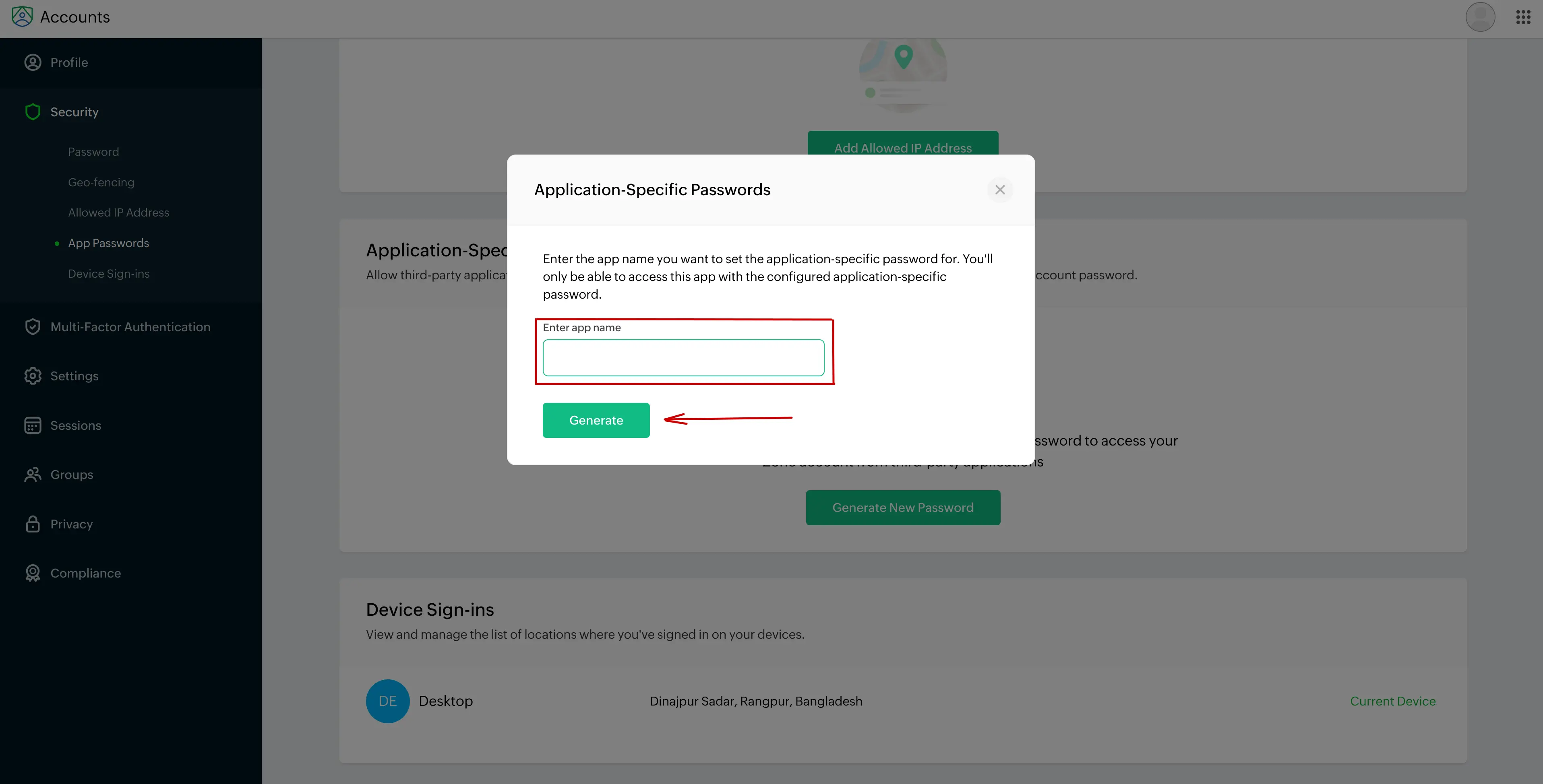 zohomail application name form for gerate app specific password